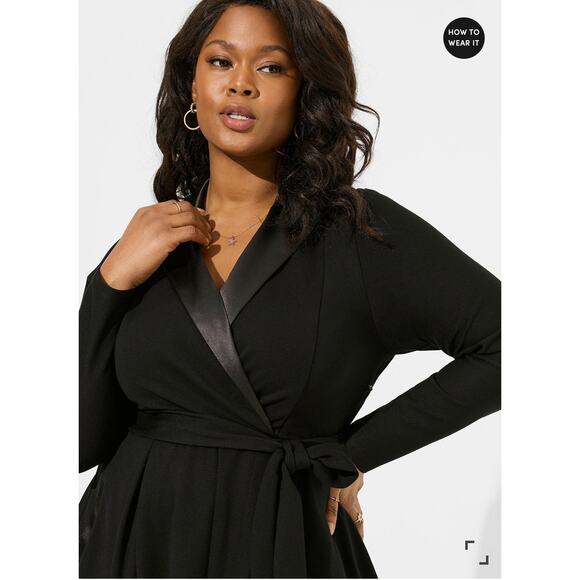 Torrid Womens Mini Tuxedo Dress Plus Size 20 Black Long Sleeve Short Tie Belt - Picture 4 of 13